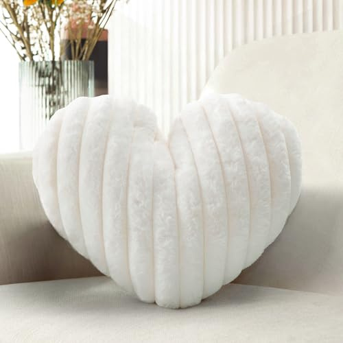Nmkopzy 16 Inch White Heart Pillow Cute Decorative Throw Pillows, Heart Shaped Soft Fluffy Faux Fur Pillows Cushions for Couch Chair Bed Bedroom Room Home Decor Aesthetic (1, White, Medium-16 x13)