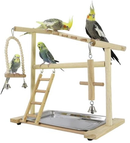 Duqulle Parque para Aves | Escaleras Y Columpios De Madera De Trepar - con Bandeja Y Taza Extraíbles De Acero Inoxidable para Periquitos,para Masticar Forrajeo Entrenamiento para Periquitos