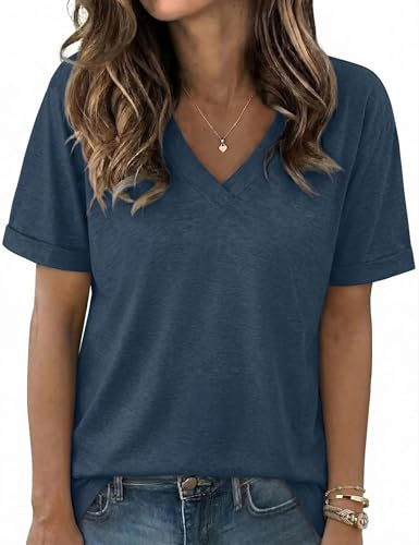 Aottori Maglietta Donna Estiva Manica Corta Scollo a V Maglia Elegante Ampia T Shirt Leggero Moda Top Basic Tinta Unita Morbido Blu Marino XL