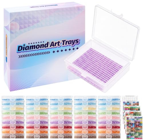 45 piezas de almacenamiento y bandeja de arte de diamantes 2 en 1 con tapa, almacenamiento de pintura de diamantes con 575 calcomanías, embalaje en caja