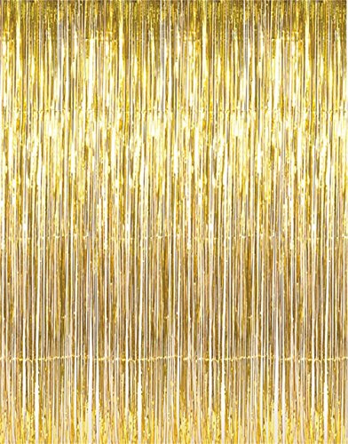 GOER 3.2 ft x 9.8 ft Metallic Tinsel Foil Fringe Curtains,Party Streamer Backdrop for Birthday,Graduation Decorations and New Year Eve (2 Pcs,Gold)