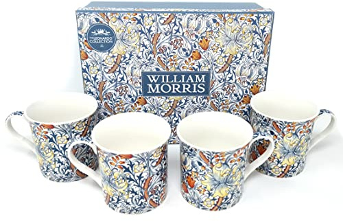 Lesser & Pavey Golden Lilly Mug Set of 4 | Stoneware Mugs for Home, Kitchen, or Office | William Morris Design Ceramic Mug Set | Lovely Coffee Mugs Ideal for Gifts, Tea, or Coffee Lovers