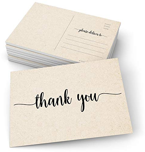 321Done Thank You Postcards, Set of 50, 4x6 Blank Post Cards for Mailing - No Envelopes Needed, 14 pt Card Stock, Kraft Look, Double-Sided, Made in USA