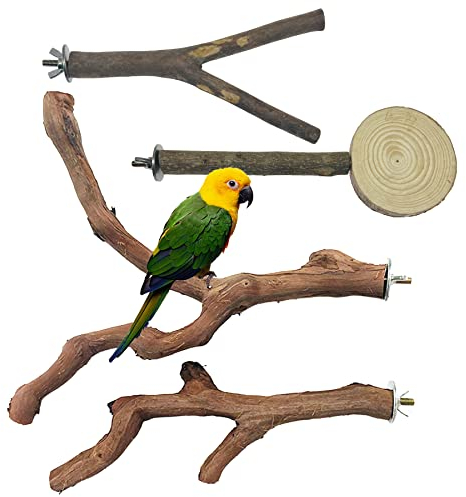 Allazone Naturholz Sitzstangen für Vögel - 4 Stück, Schaukel Spielzeug für Papageien und andere Vögel