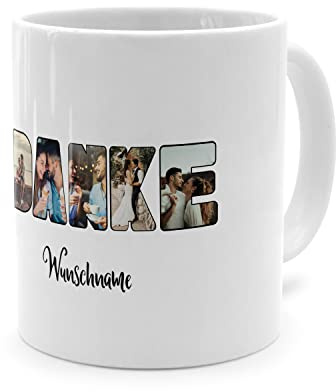 PhotoFancy® - Fototasse 'Danke' - Personalisierte Tasse mit eigenem Foto und Text selbst gestalten - Weiß