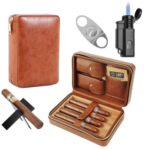 Humidor portatile per sigari, custodia da viaggio per 4 sigari, custodia da viaggio realizzata a mano in legno di cedro spagnolo, con tagliasigari, accendino, controllo umidità, regalo per uomini,
