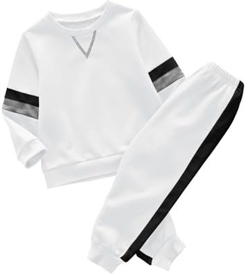Haloumoning Jungen Trainingsanzug Sweatshirts und Hose, Weiß, 9-10Jahre