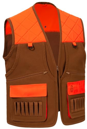 BASSDASH Multi Pockets Upland Field Bird Hunting Vest Blaze Orange Brown Water Resistant Rip Stop for Men Women, Brown/Blaze Orange, Large