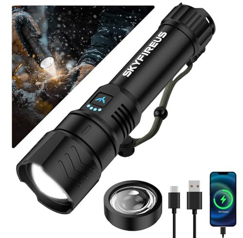 SKYFIRE Flashlight with Ignition Lens,5000mAh Rechargeable Flashlights High Lumens Super Bright Waterproof Powerful LED Tactical Flash Light for Camping Essentials Outdoor Home&Gifts