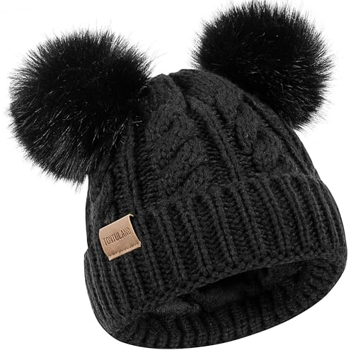 Tontuland Kids Winter Beanie Children’s Warm Knitted Fleece Lined Ski Pom-Pom Warm Knit Hat for Boys & Girls 3-9 Years Black