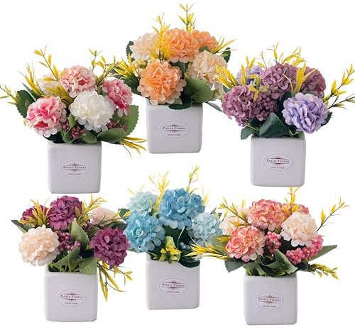 Donmills 6Pcs Artificial Flowers with Ceramic Pot Small Fake Hydrangea Arrangements Faux Spring Flowers in Vase Home Spring Decor, Centerpiece Table Decorations for Farmhouse Office Shelf Dining Table