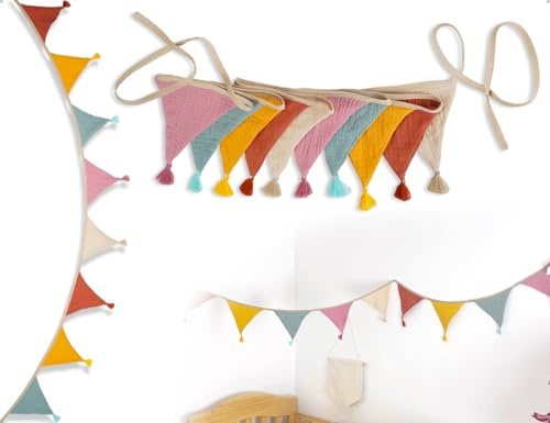 Emezddo Guirnalda de Muselina de Algodón, Banderines de Tela para Exteriores con Borlas, Decoración Infantil, Ideales para Camas de Casa, Cunas y Decoraciones de Pared