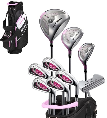 Precise AMG Women's Golf Clubs Full Set – Petite, Regular & Tall Sizes | Beginner & Intermediate | Right Handed | Driver, Fairway, Hybrid, Irons, Putter & Stand Bag - Pink - Regular Size