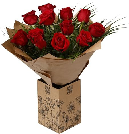 Red Romance Roses Bouquet of 12 Fresh Red Roses Vintage Floral Arrangement Indoor Gift for Wedding, Birthday, Anniversary, Get Well, Sympathy, Housewarming Occasion