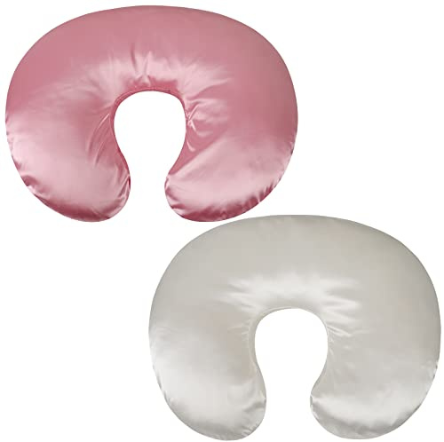 Lot de 2 housses de coussin d'allaitement en satin de soie ultra douce compatible avec le coussin d'allaitement Boppy - Protège les cheveux et la peau de bébé - Blanc et rose