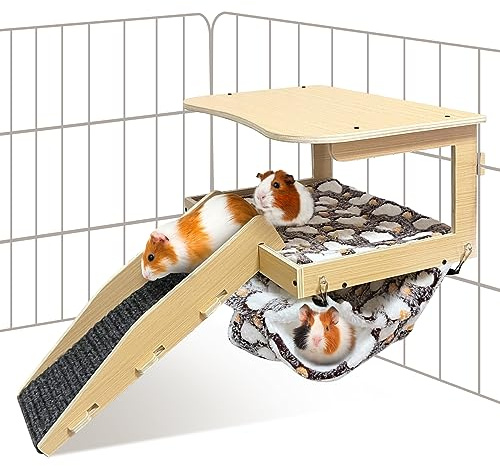 DCIAER Guinea Pig Hideout，Natural Wood Removable Guinea Pig Bed, Small Animal Habitat with Hanging Hammock/Staircase/Cushion, Suitable for Small Animals to Hide, Rest, Play