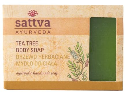 Sattva Ayurveda Savon à l'huile d'arbre à thé - Savon naturel ayurvédique à la glycérine et aux herbes - Nettoyage doux pour le visage et le corps - Pour peaux mixtes et impures - 125 g