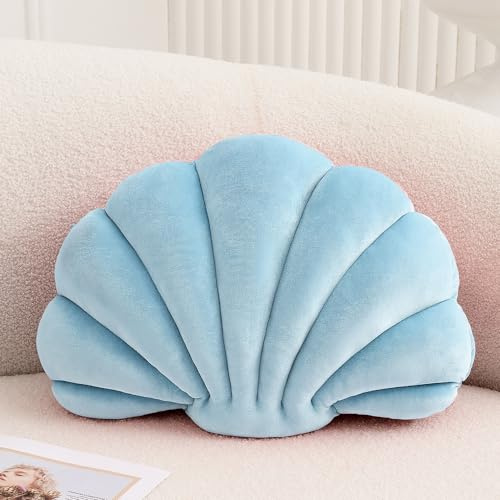 XIAIJIA Cuscino decorativo a forma di conchiglia, con inserto 3D, cuscino da spiaggia, in morbido velluto, decorazione per divano e letto (blu, 35 x 28 cm)