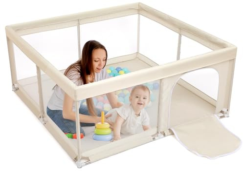 BEJOY Laufstall Baby, Großes Kompakter Laufgitter Baby, 150cm Beige