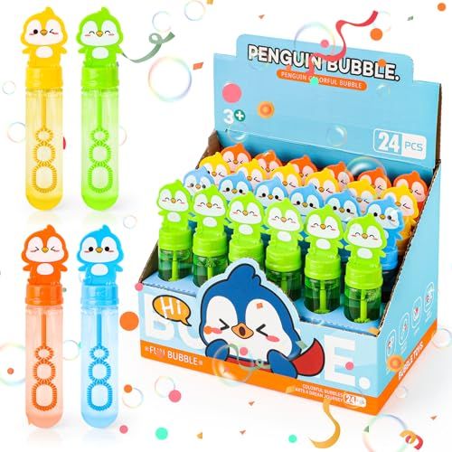 deAO Seifenblasen Set für Kinder, 24 Stück Seifenblasen Flüssigkeit mit niedlich Pinguin Griffen, 35 ml Seifenblasenstäbe für Hochzeit, Kindergeburtstag, Sommer Blasen Spaß Spielzeug (Pinguin)