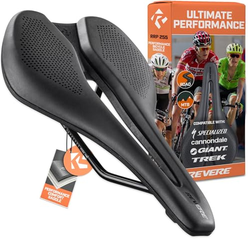 Revere Performance Bike Saddle – Ergonomic Bicycle Seat with Pressure-Relief Center Channel, Multi-Stage Comfort Foam, Low-Profile Design for Road, Gravel, Mountain & Touring Bikes (255 x 143mm)