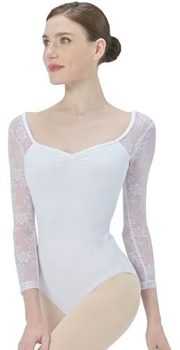 s.lemon Adult Ballet Leotards,3/4 Sleeve Lace Dance Leotard for Women D004 White 170