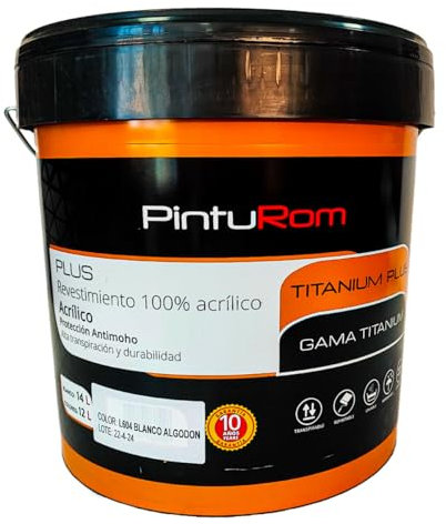 Pintura para Fachadas TITANIUM Color, 100% acrílico, revestimiento de color para exteriores. 7-8 m²/L. de rendimiento, durabilidad en el tiempo. Envase de 12 L. (L-604 - BLANCO ALGODÓN)