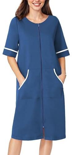 Ekouaer Bata corta con cremallera para mujer, bata de baño corta con cremallera frontal y bolsillos, tallas S-3XL