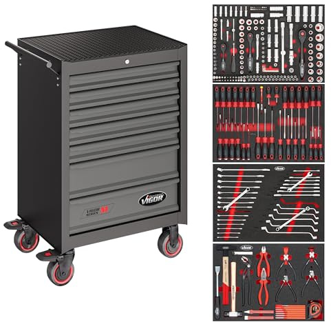 Vigor V2379N/210 Werkstattwagen Series M, 255-tlg. Werkzeugsatz, 7 Schubladen, Tragkraft 400 kg, Zentralverriegelung, Pulverbeschichtung, Fahrgriff, Lenkrollen mit Bremse