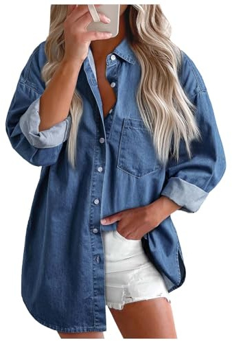 KBOPLEMQ Chemise en jean pour femme - Chemise western - Tunique - Manches longues - Boutonnée - Hauts pour femme - Décontracté et élégant - Chemise en jean - Chemise en jean - Chemise en denim