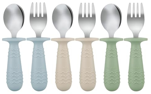 PandaEar 6 Stück Kinderbesteck| Silikongriff Edelstahl Kindergeschirr Set | Baby Besteck Esslernbesteck ab 1 jahr | Kinder Löffel und Gabel Set für Baby Kleinkind (Blaues Grünes Braun)