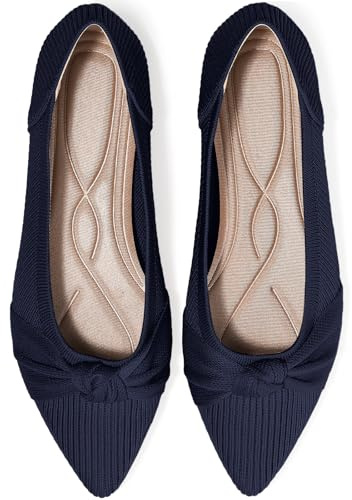 TINGRISE Women's Flats Shoes Comfortable Dressy Pointed Toe Knit Washable Ballet Flat Navy 6.5UK