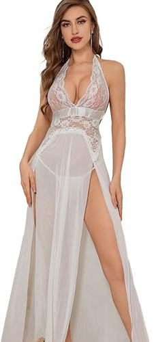 QeeFop Mujeres Sexy Lencería Camisón Encaje Babydoll Cuello en V Larga Chemise Ropa de Dormir Camisón para Mujer con Tanga G-String