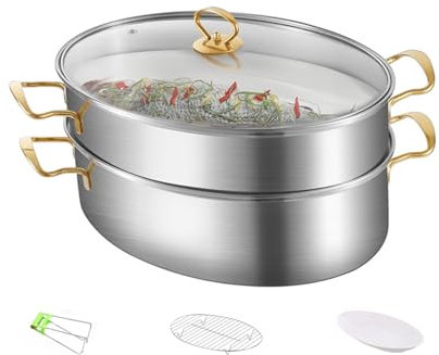 Pentole ovali multiuso per pesci, in acciaio inox, con coperchio a 2 livelli, con griglia in ceramica