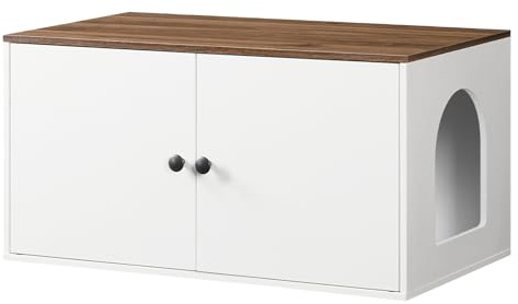 HOOBRO Maison de Toilette pour Chat, Meuble pour Animaux Caché à Entrée Latérale, Litière pour Chats, Table d’Appoint, pour Salon, Chambre, Couloir, Blanc et Noyer Naturel EWH40MW01
