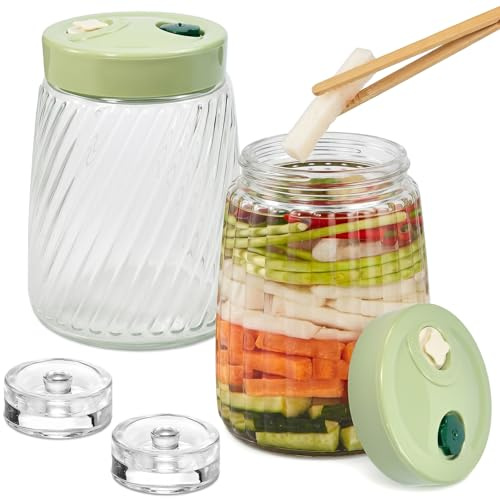 ZXBBTZ 2er Set Fermentierglas 1.4L Doppelventil Gärglas mit Gewichten Bambusclip Luftdichte Kimchi Behälter Sauerkraut Glas für Kefir Gemüse Fermentation Jars Fermentiergläser für Nüsse Honig