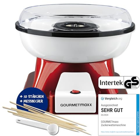 GOURMETmaxx Máquina de Algodón de Azúcar para el hogar | El Original Rojo con 10 palitos y Cuchara medidora en nostálgico diseño Retro | Mejor algodón de azúcar