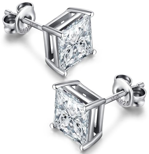 Pendientes de botón plata de ley 925 con circonita cuadrado y diamante simulado corte princesa para mujer y hombre 7mm