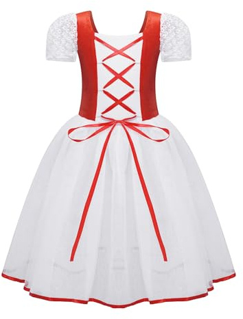 TiaoBug Balettklänning för flickor, kortärmad balettdräkt med tyllkjol, tutu barn, balettdräkt, festliga prinsessklänningar, cosplay, utklädnad, outfit storlek 98-152, Burgund, 134-140