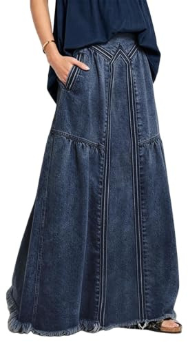 ebossy - Falda larga vaquera estilo hippie de corte evasé para mujer, cintura elástica, bajo deshilachado y acabado desgastado