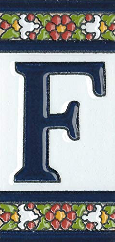 Keramik-Fliesen mit Buchstaben und Rahmen in spanischem Blumendesign, Buchstabe F
