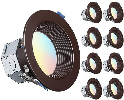 TORCHSTAR 8-Pack 5CCT 4 Inch LED Integrated Canless LED Recessed Lighting with J-Box, Anti-Glare Deep Baffle, CRI90 Dimmable Ceiling Downlight, ETL 2700K3000K3500K4000K5000K, Oil Rubbed Bronze