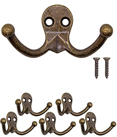 Fuxxer Antik Doppel-Haken, Garderoben-Haken, Eisen-Haken, Messing Bronze, 5er Set