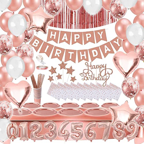Bea's Party Vaisselle Anniversaire Fille - Deco Anniversaire Rose Gold Assiette Gobelet Nappe Ballon Serviette Rideau Guirlande Chiffre Rose