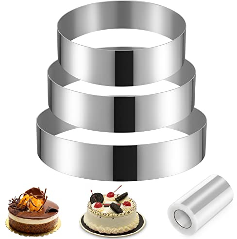 3 pcs Cercle a Patisserie 10 15 20cm, Cadre Pâtissier Rond Inox Argent avec Collier à Gâteau, Moule Cercle à Gateau Cookie Cutter Cadre Moule Entremet Fondant Gelée Mousse Argent Accessoire Patisserie