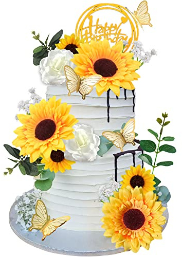 DRWATE Sunflower Cake Topper, 28 Pcs Multicolor Acrylic, Silk - Baby Shower, Wedding Decorations, Butterfly, Eucalyptus, Rose, Happy Birthday Topper