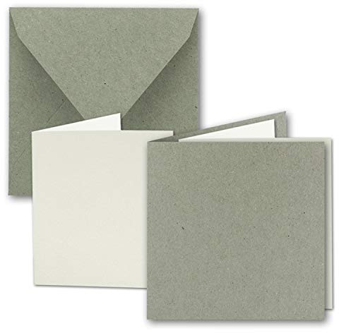 UmWelt - Set di 25 biglietti pieghevoli quadrati in carta kraft grigio naturale 15 x 15 cm, biglietti doppi con buste e inserti in carta riciclata, serie UmWelt