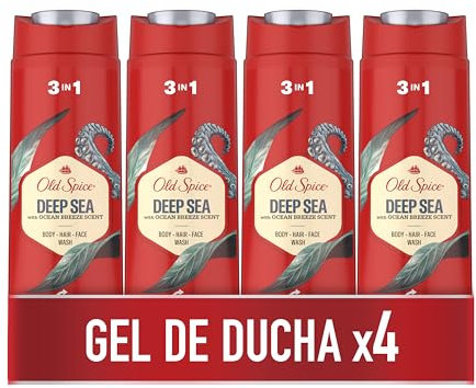 Old Spice Deep Sea Gel De Ducha Y Champú Para Hombres 4x400ml, Gel Para Cara, Cuerpo Y Pelo 3 En 1 Multiusos, Frescura Duradera, Fragancia Excepcional, Limpieza Profunda