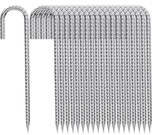 Ground-Stakes-Heavy-Duty-12-Inch, J Hook Rebar Stakes Galvanized Anti-Rust 50pcs Metal Stakes for Ground Heavy Duty Ground Anchors for Garden Dog Fence Chicken Coop Deer Fence