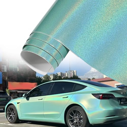 Blueshyhall Autofolie Grün Glitzer, Autofolie Grün Glänzend mit Regenbogen Effekt, Car Wrapping Folie Metallic Bunt Selbstklebend, Tuning Folie Innen Außen für Auto Motorrad Fahrrad (30 x152cm)